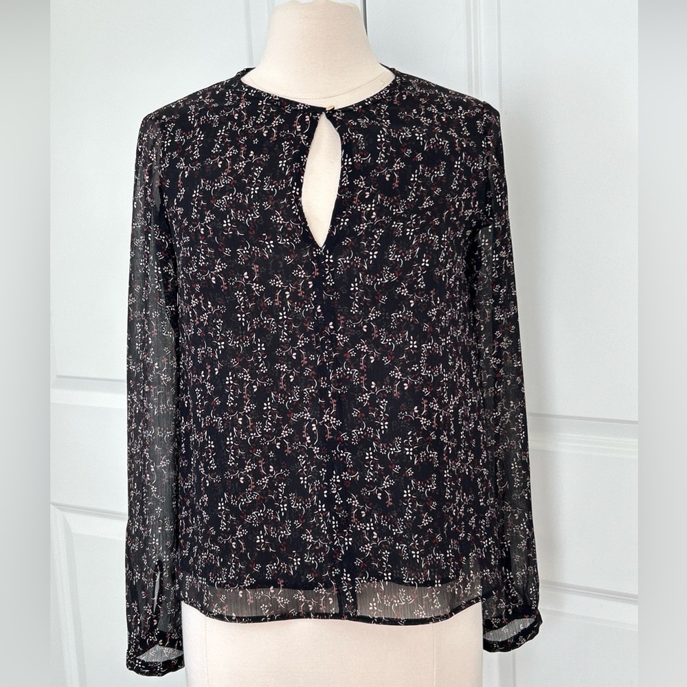 SEZANE size 36 Black Crepe Ditsty Floral Keyhole Blouse Top